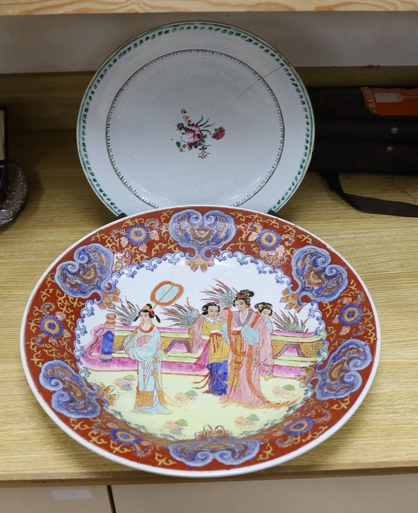 A large Chinese Export plate and a later figural dish, 48cms diameter